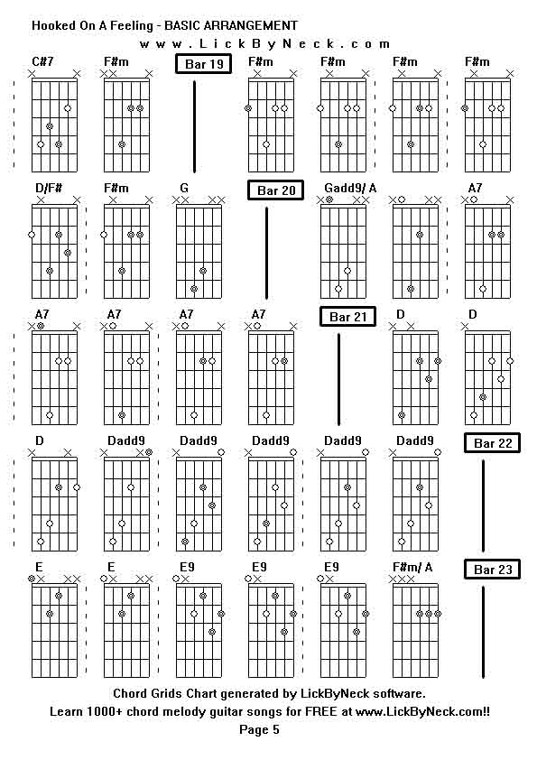 Chord Grids Chart of chord melody fingerstyle guitar song-Hooked On A Feeling - BASIC ARRANGEMENT,generated by LickByNeck software.